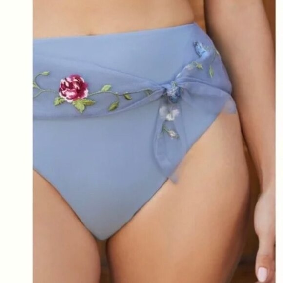 Anthropologie Bikini Bottoms High-Waisted Steel Blue Embroidered Sz S NWOT - Picture 1 of 9